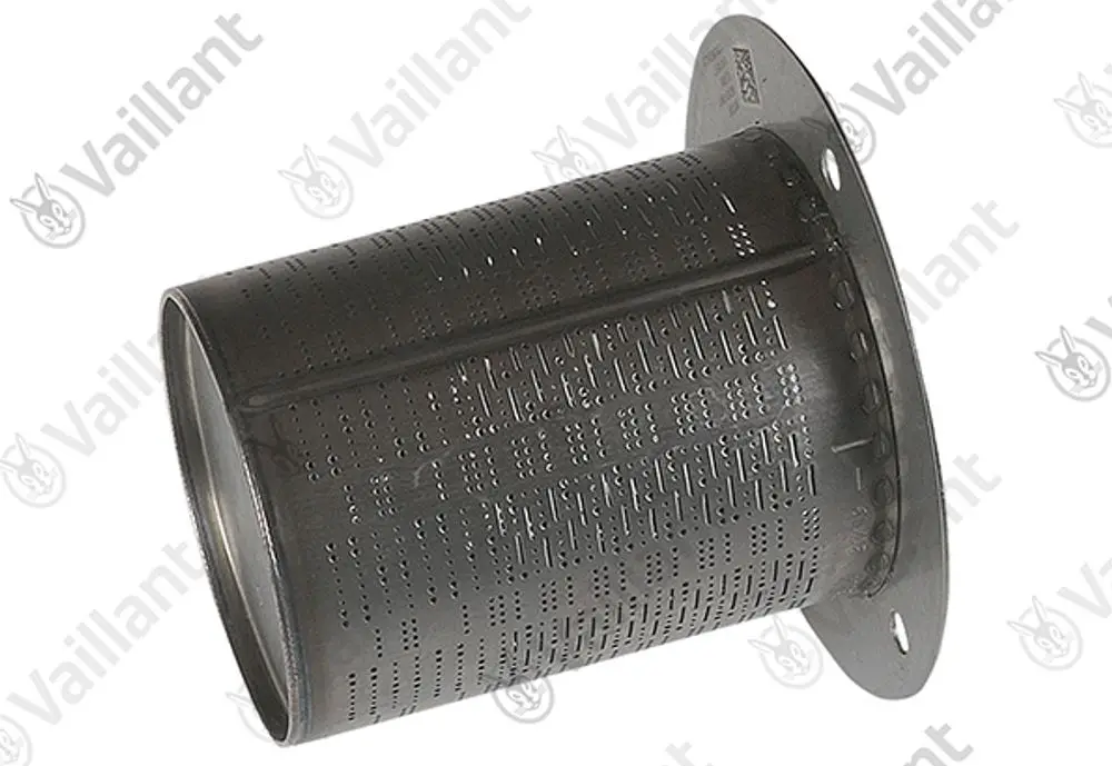 Vaillant Brennerelement in zylindrischer Form mit perforierter Oberfläche und einer Montageplatte. Das Produkt zeigt ein metallisches Finish.